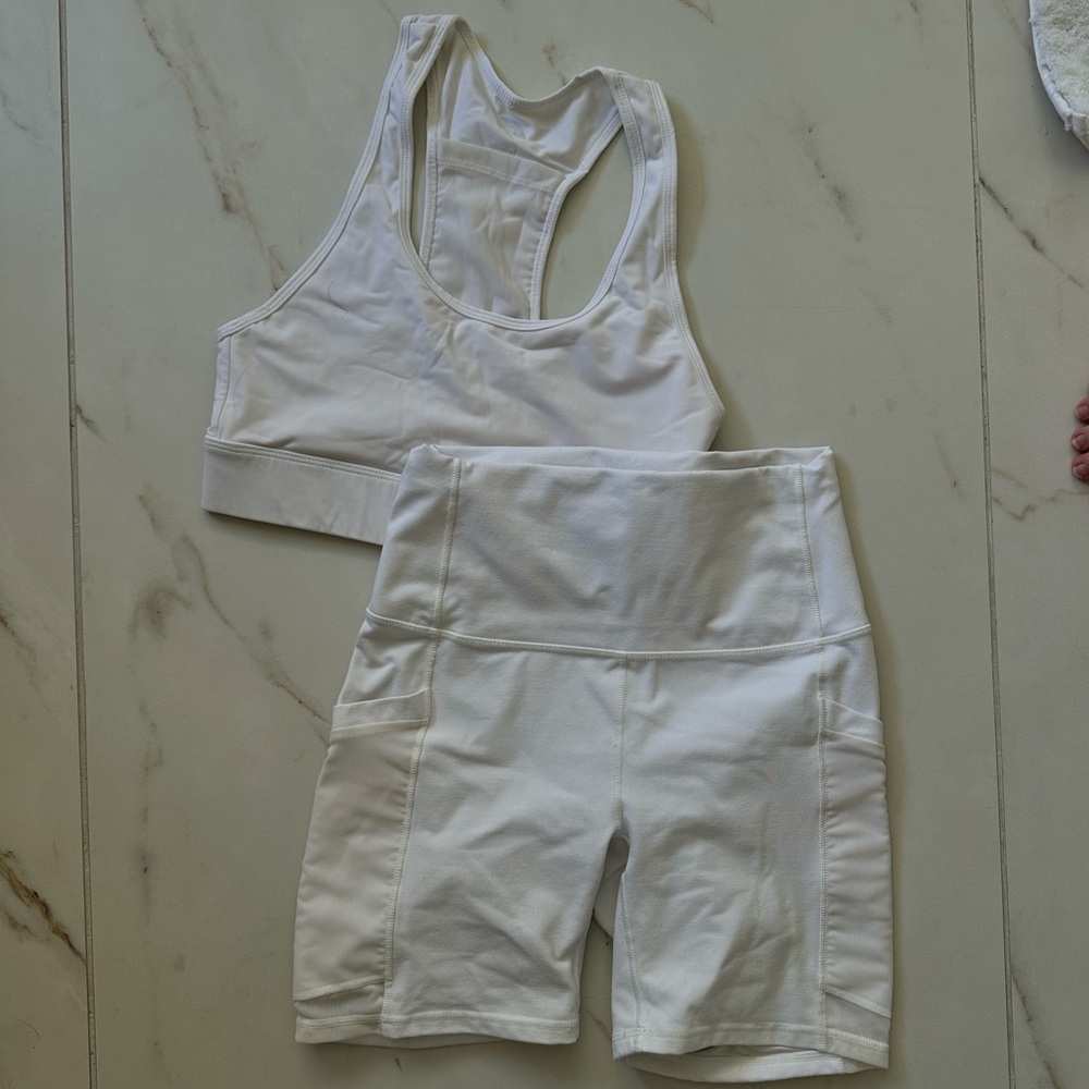 Fabletics White High-Waist Bike Shorts with Side Pockets